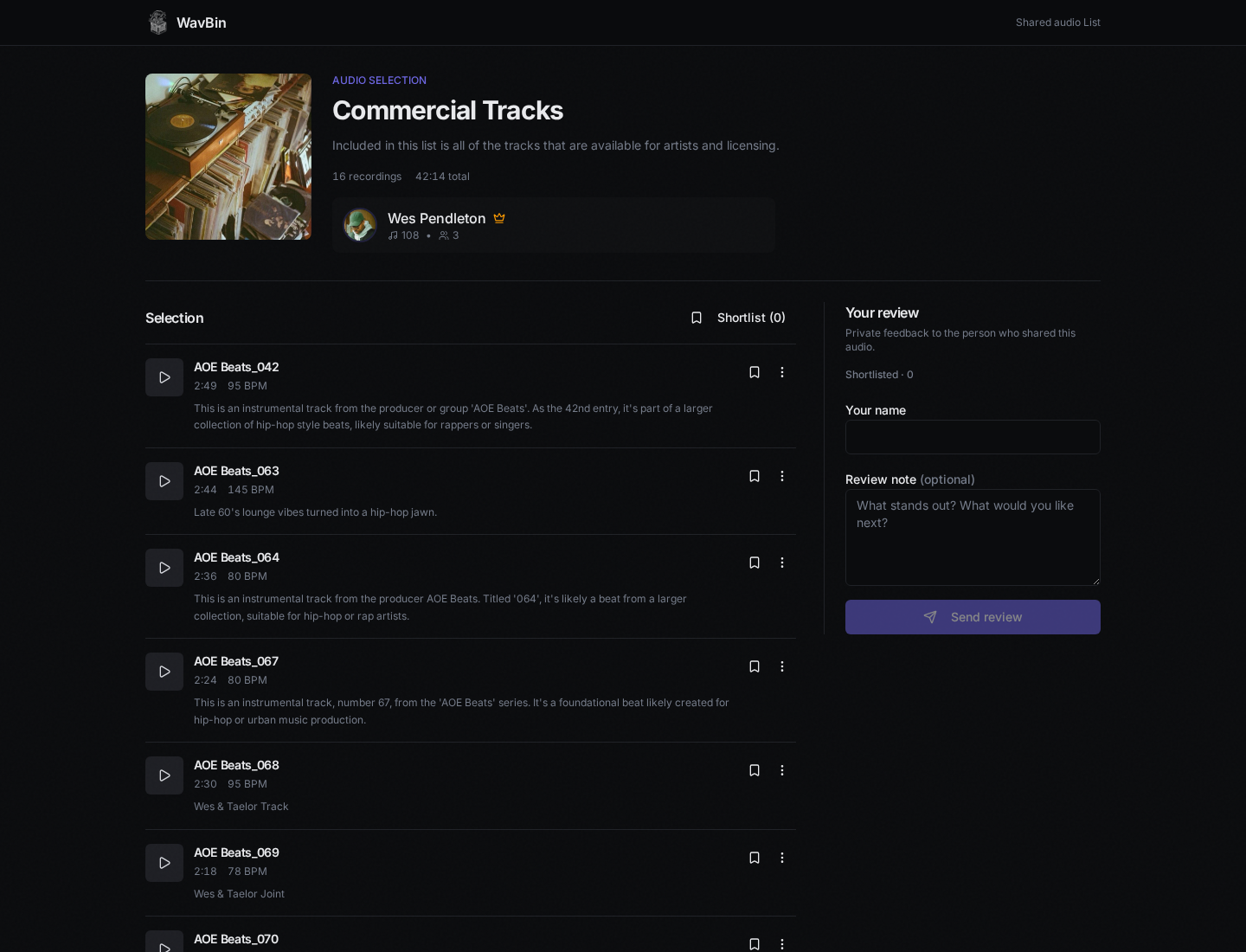 Full WavBin shared audio List, with project artwork, recordings, track descriptions, shortlist controls and a private review panel