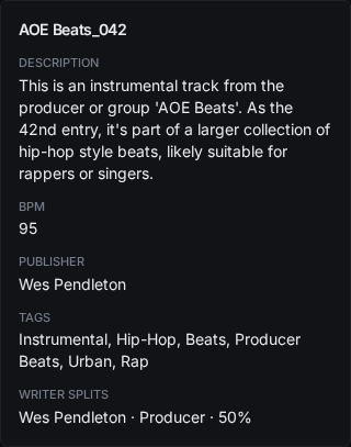 Read-only track details showing description, BPM, publisher, tags and writer splits