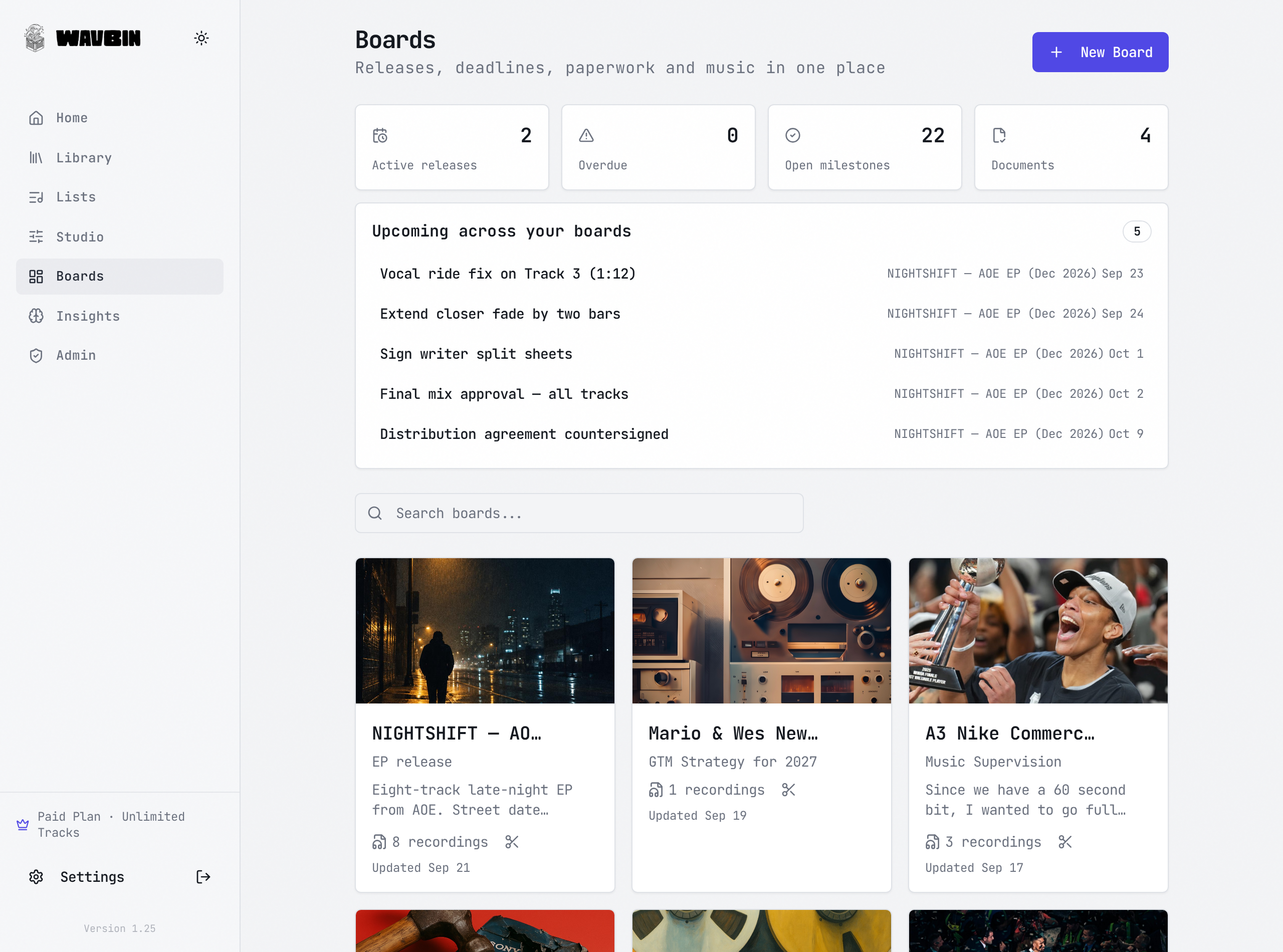 WavBin Boards showing upcoming release work across projects
