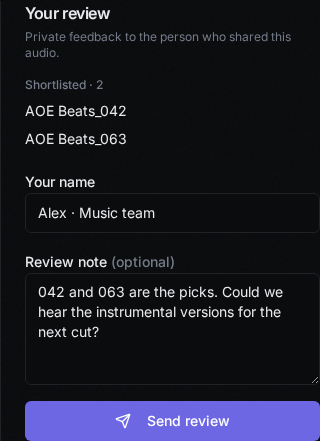 Private review panel with two shortlisted tracks, a sample reviewer name, and a note requesting instrumental versions