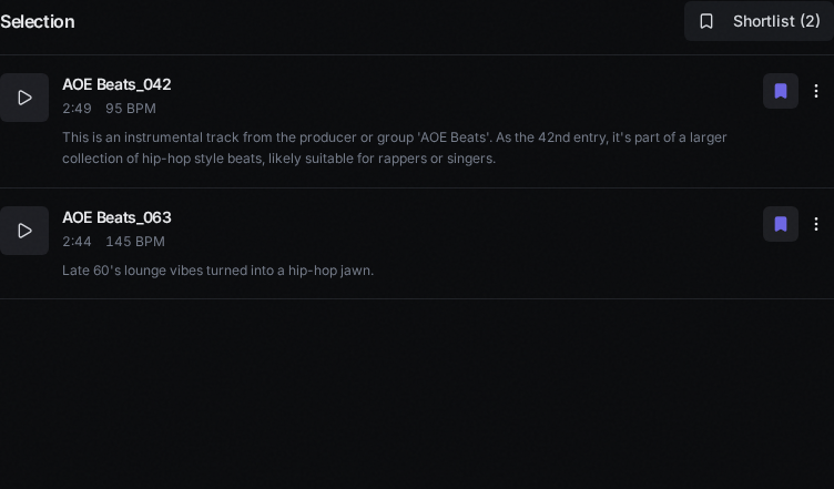Shortlist view showing two selected AOE recordings with highlighted bookmark icons