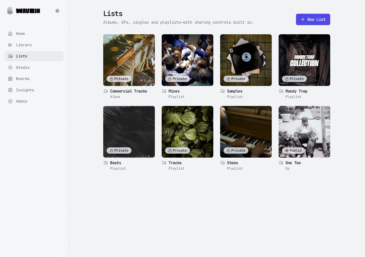 WavBin Lists overview with audio collections